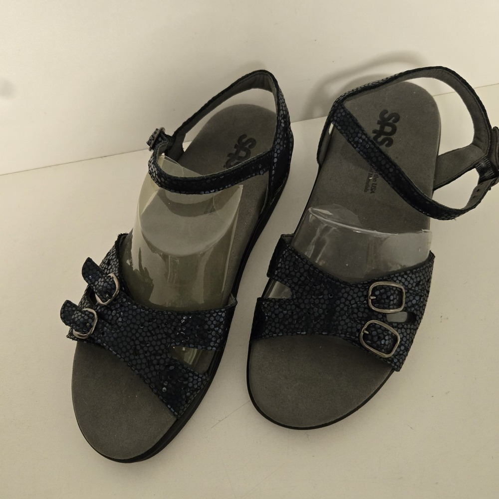 SAS Size 9 Navy Blue Nudu Leather Laser Cut 2 Buckle Comfort Sandals USA